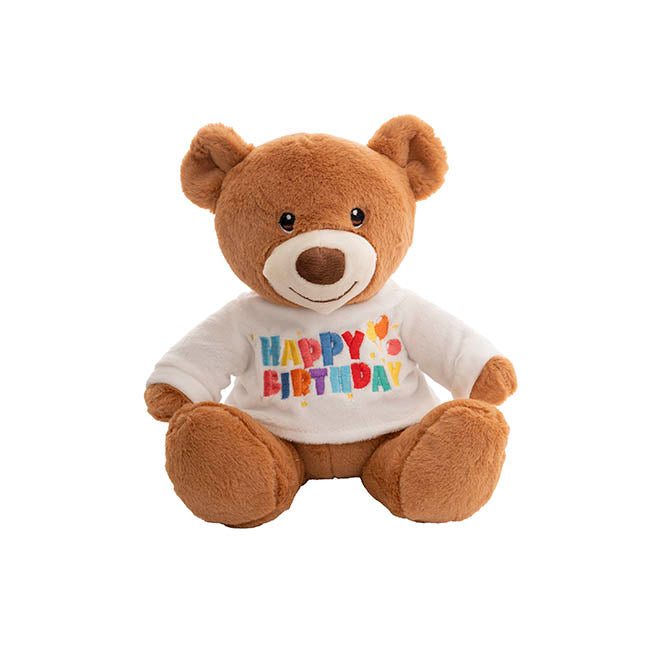 Teddy Bear Caleb w Happy Birthday T-Shirt White 21cm