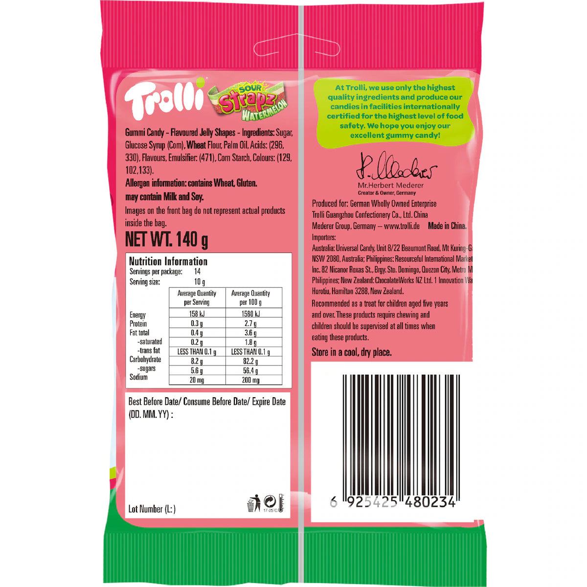 Trolli Sour Straps Watermelon 140g