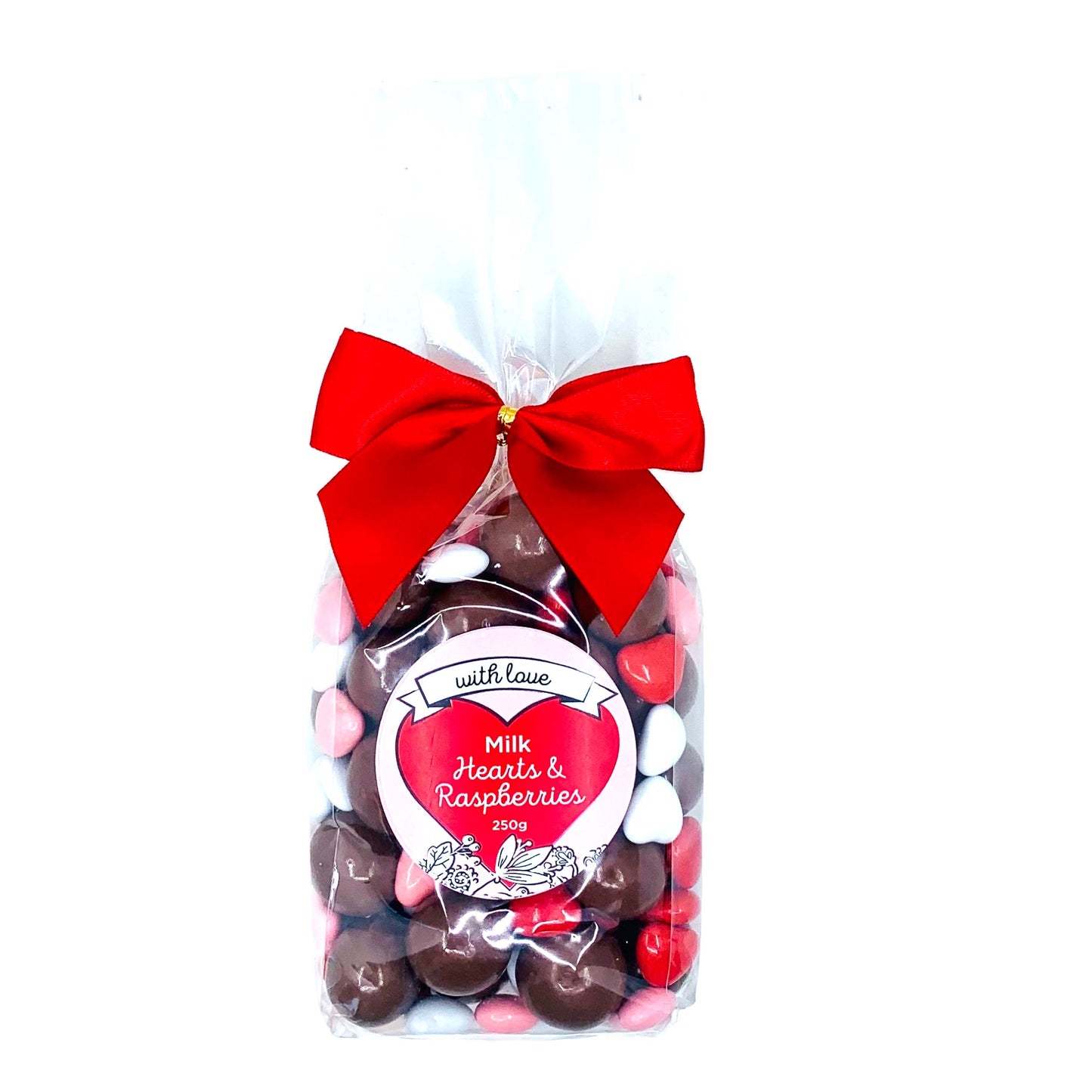 Raspberry and Heart Ribonned bag 250g