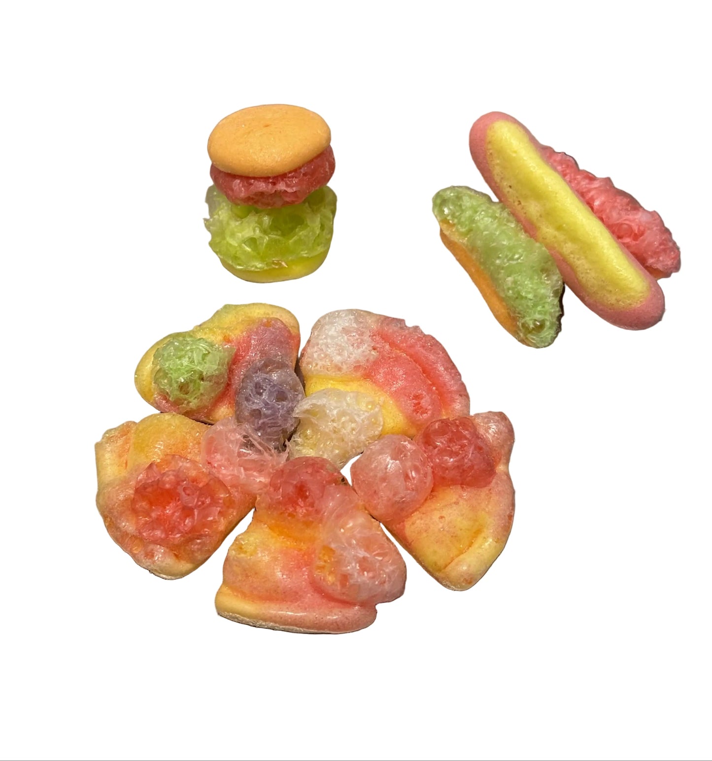 Freeze Dried Gummi Pizza, Hot Dogs and Burgers